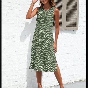 Green & Cream Abstract Dot Sleeveless Midi Dress